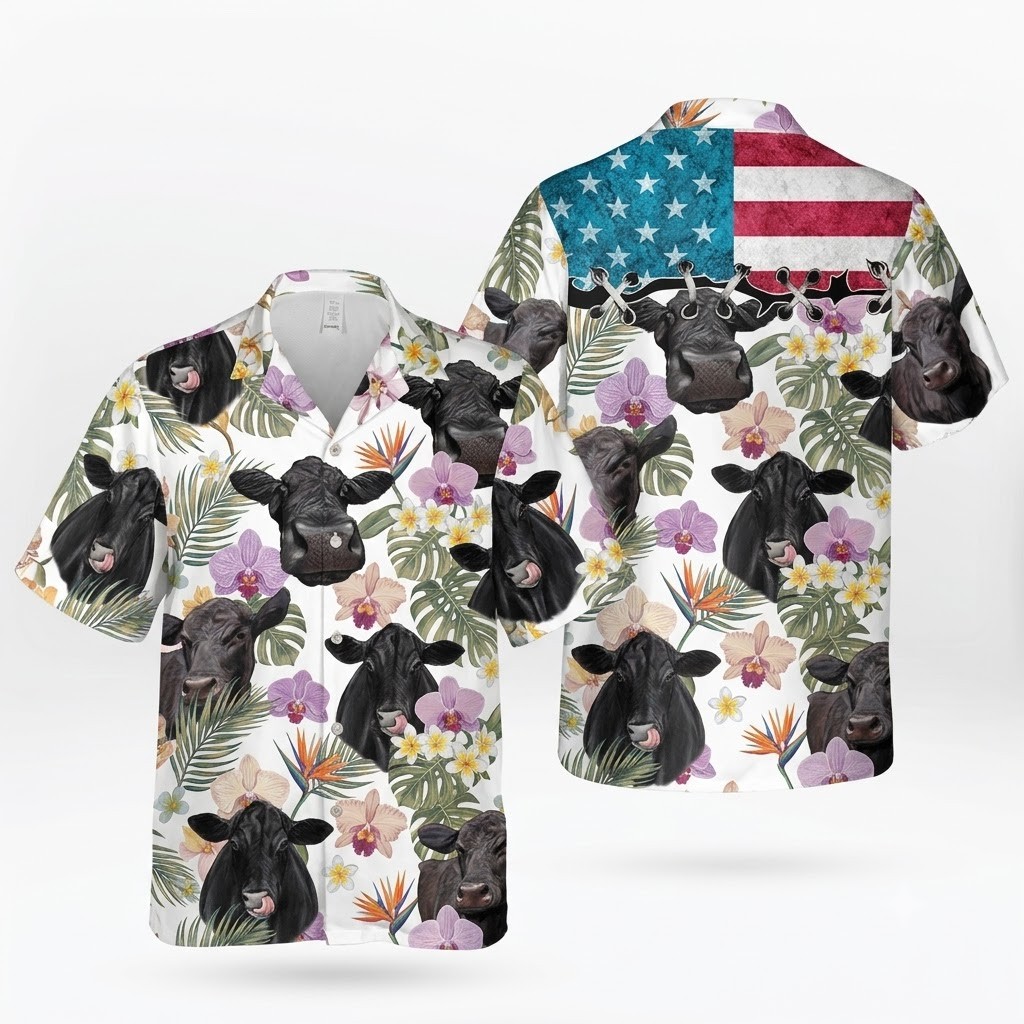 Black Angus Happiness Floral 3D Hawaiian Shirt
