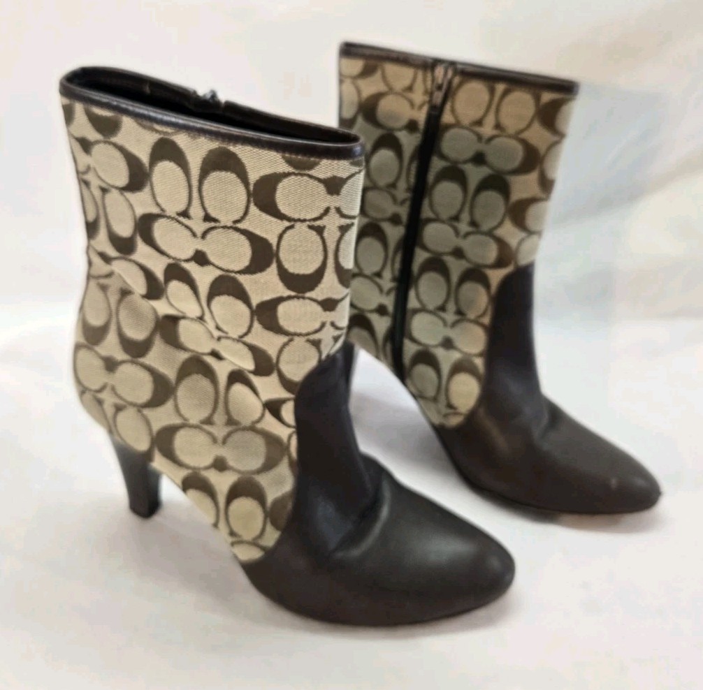 COACH Women’s 10B Brown Leather Coach CC Logo Monogram Low Calf Boots