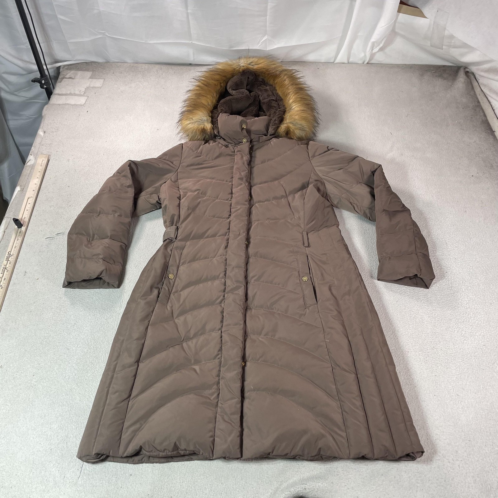Jones New York Down Coat Womens Large Brown Puffer Hooded Fur Trim Long Parka