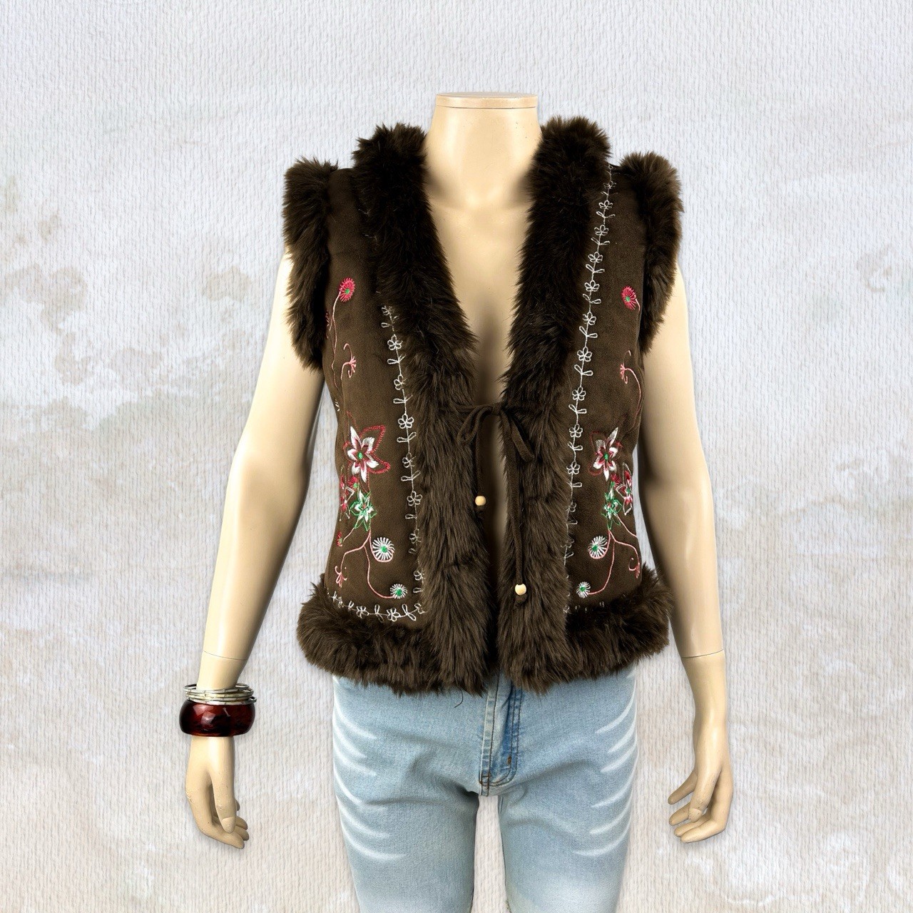 The ultimate Y2K boho chic embroidered faux fur vest