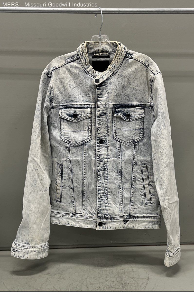 Guess Men’s Dillon Denim Jacket Light Blue Acid Wash Moto Cafe Racer Stretch M