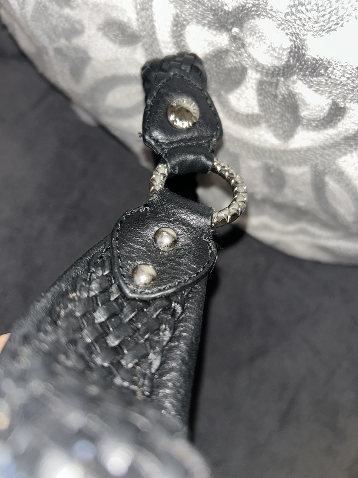 Elliott Lucca Black Pebbled Leather Braided Strap Tassel Baguette Bag PURSE