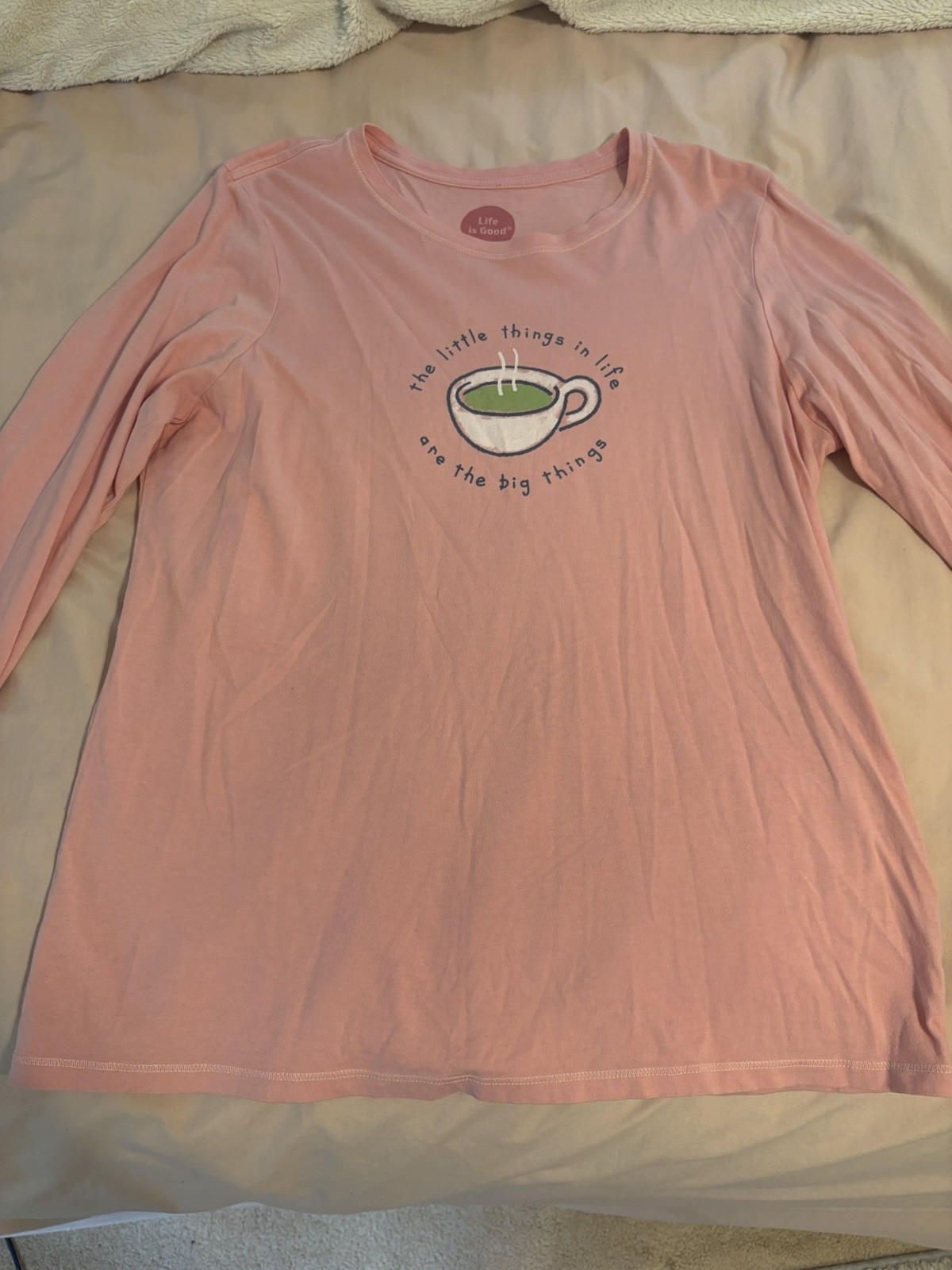 Life is Good T-Shirt Crew Neck Long Sleeve Pullover Graphic Pink M Women