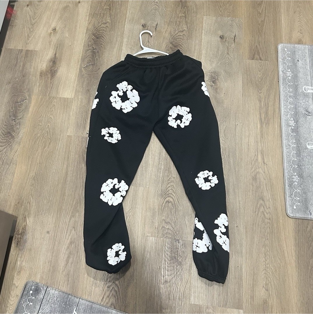 DENIM TEARS Men’s Black/White Floral Fleece Sweatpants Joggers L Pockets