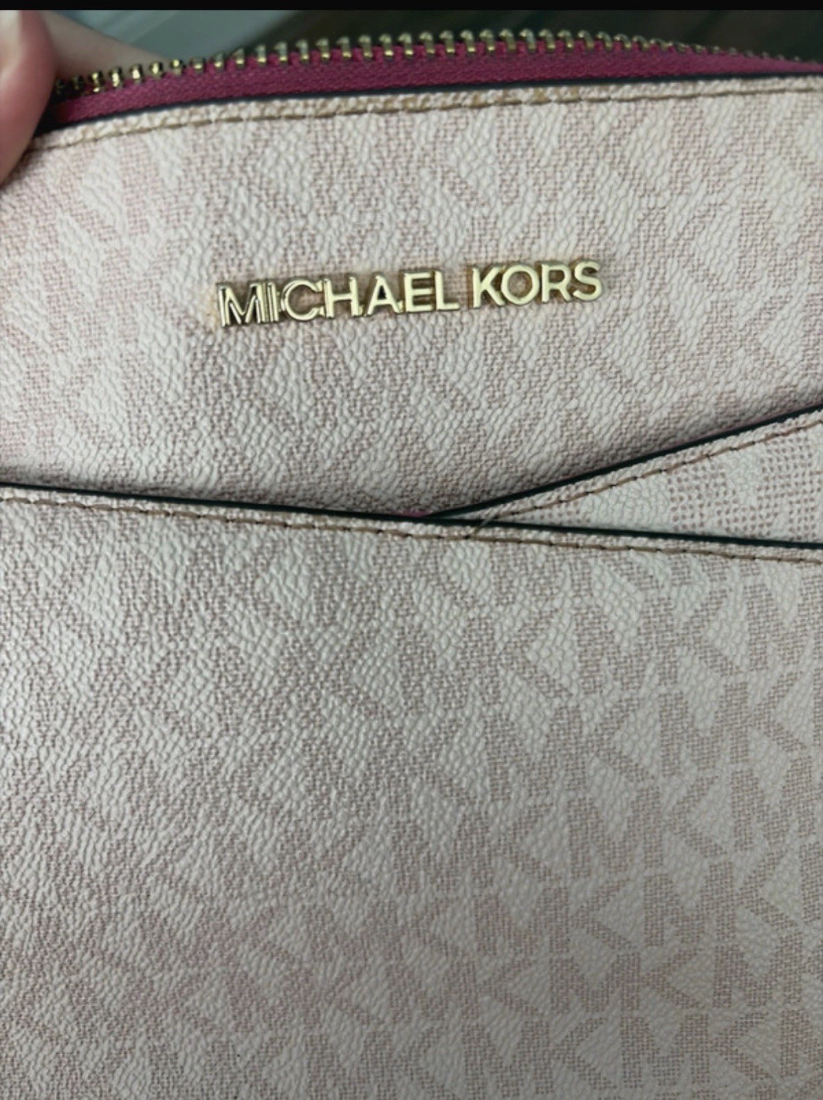 Michael Kors Pink Logo Zip Crossbody Bag Gold Chain Detachable Strap Small