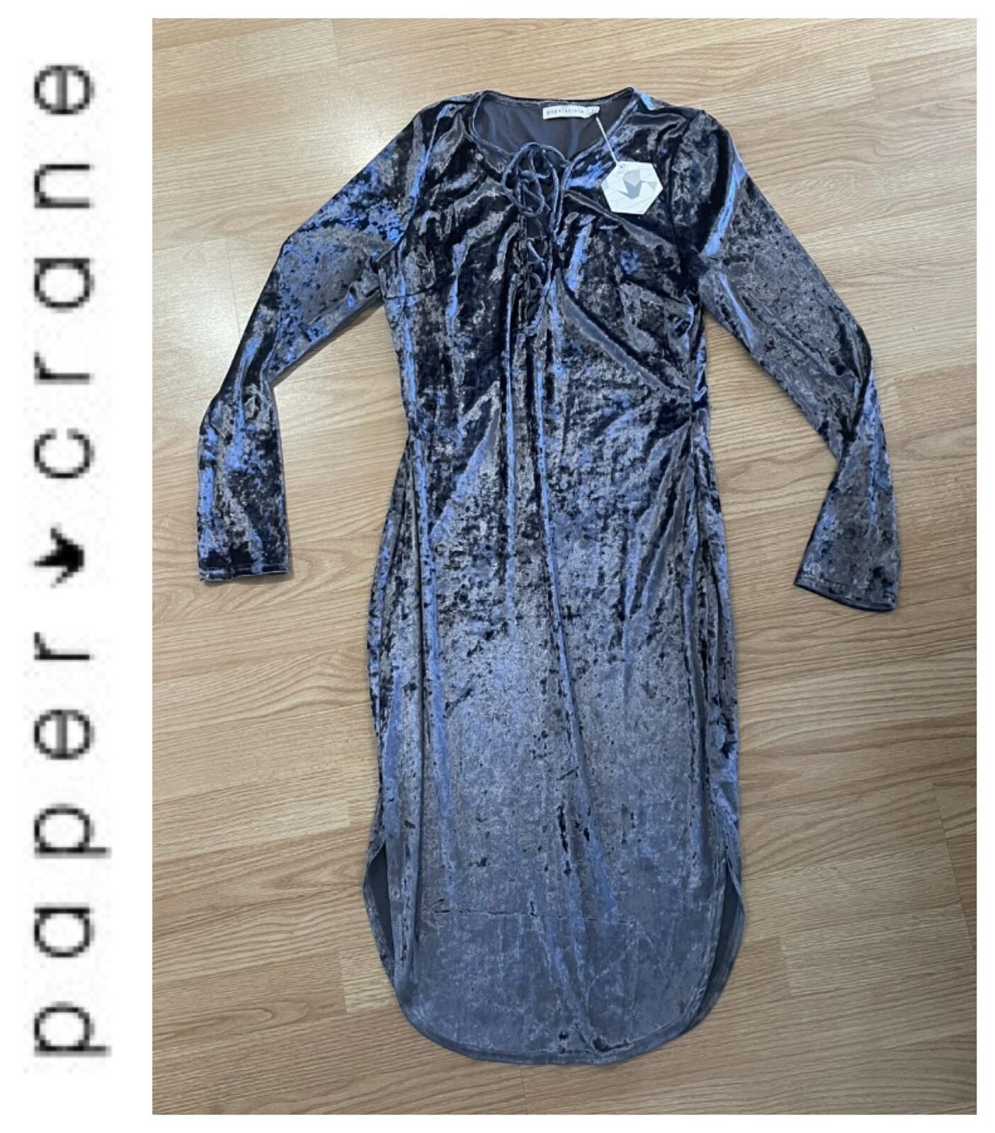NWT Paper Crane LA Crushed Velour Velvety Sexy Deep V Dress Large Long Sleeve