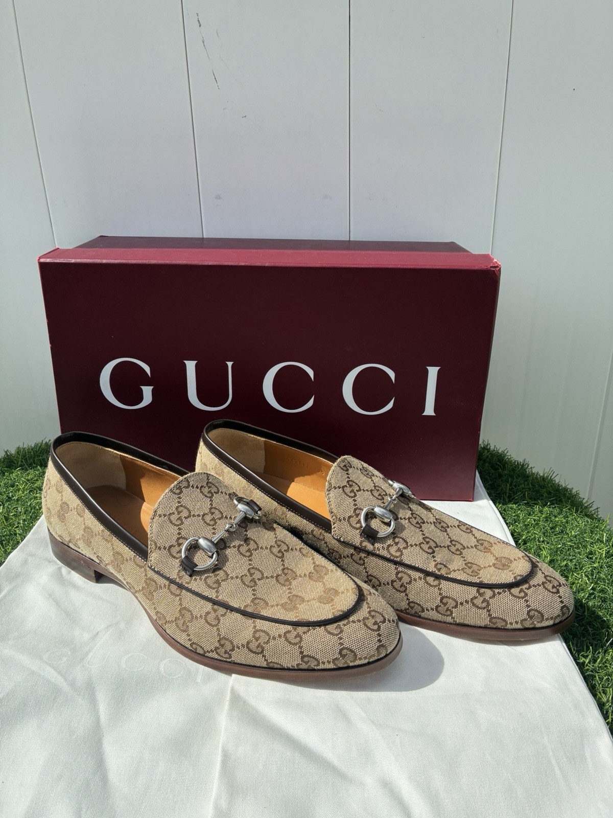 GUCCI CLASSIC BEIGE EBONY GG SUPREME MONOGRAM HORSEBIT JORDAAN LOAFERS G8.5 US9