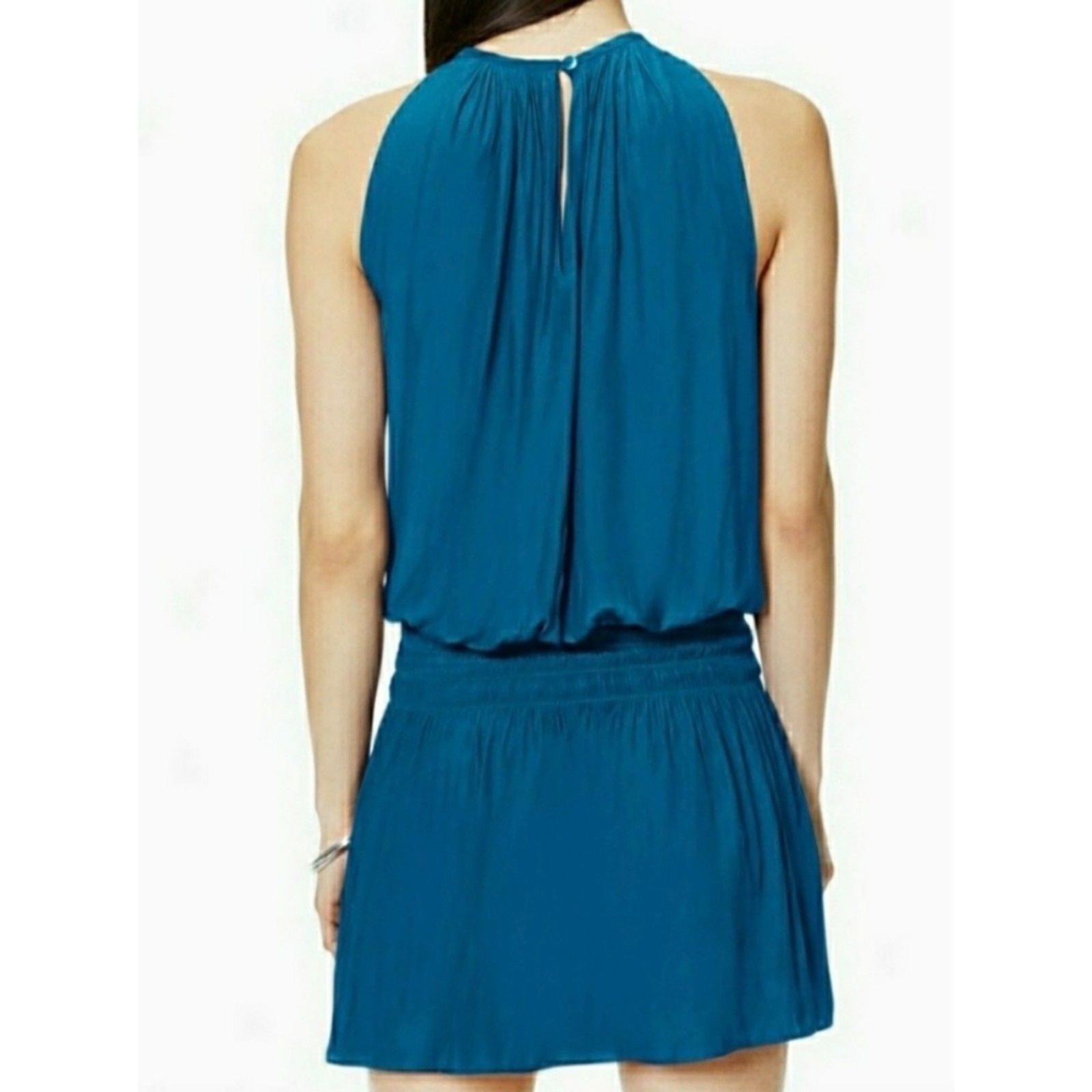 Ramy Brook Paris Smocked Blouson Sleeveless Mini Dress Blue Medium