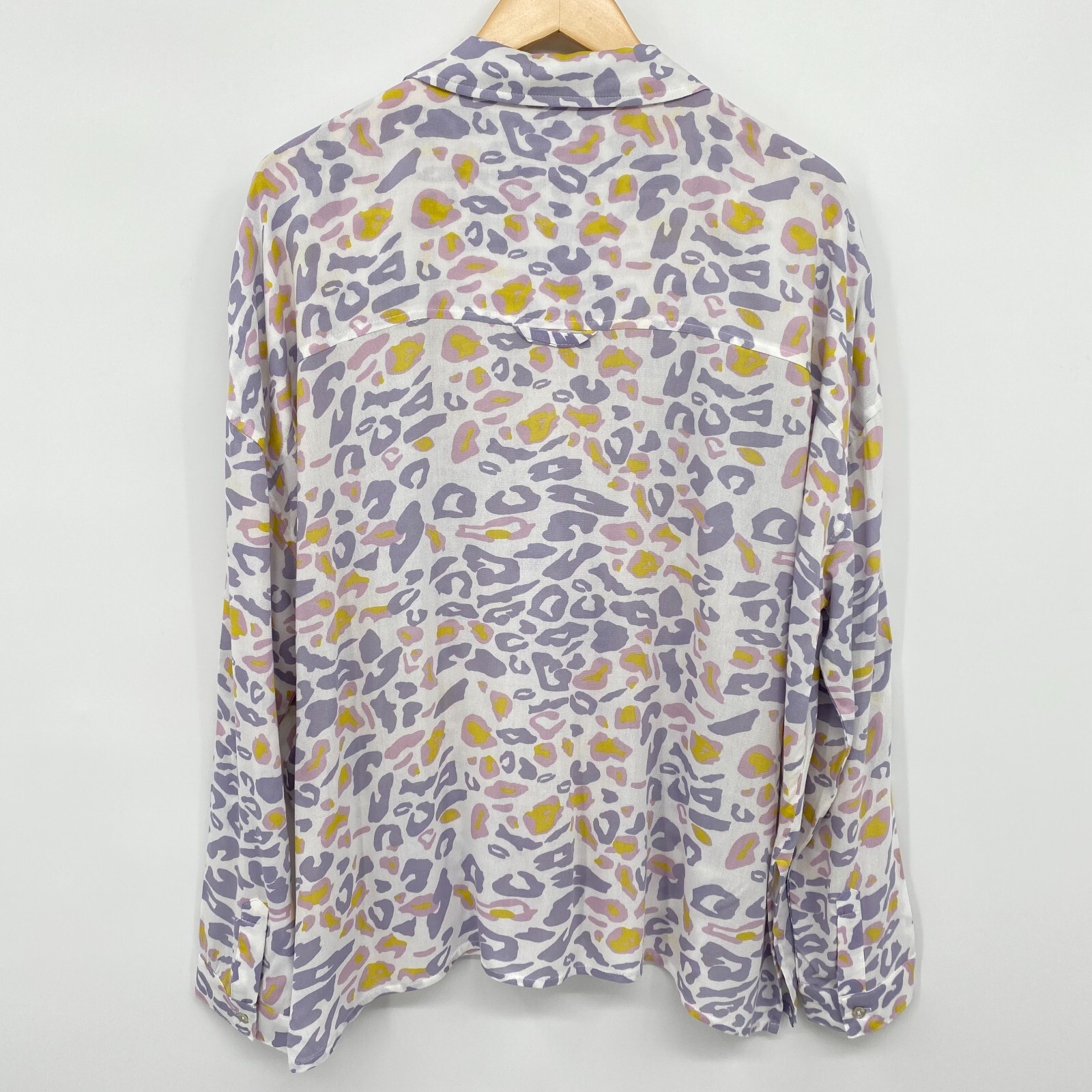 Dear John Arianna Top Shirt Blouse Size Large Leopard Long Roll Tab Sleeves Boho