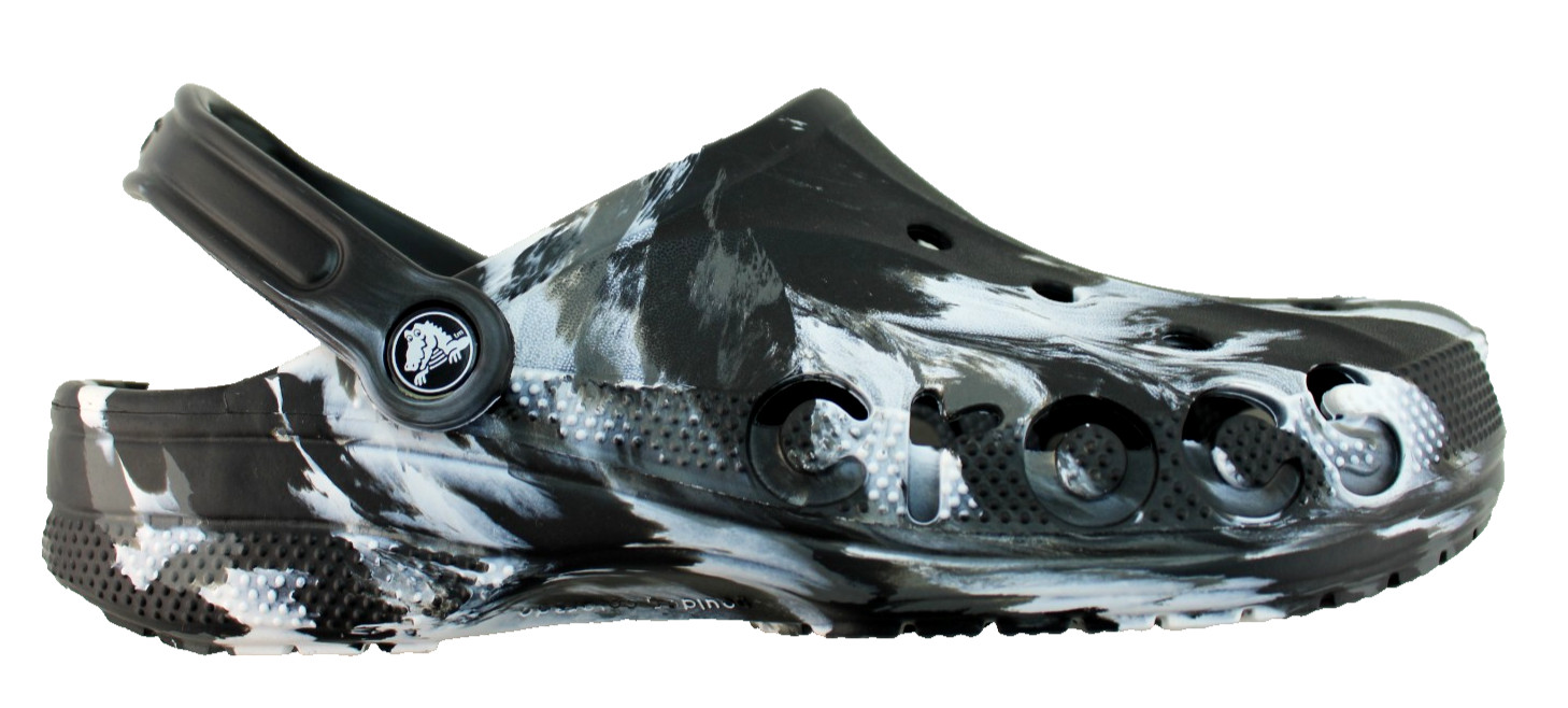 CROCS Baya Men’s 10 Black / White Marbled Croslite Foam Slide Sandals RETAIL $55