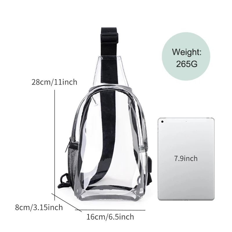 Clear USB Tote Bag PVC Zipper Stadium Approved Shoulder Handbag Purse Chest