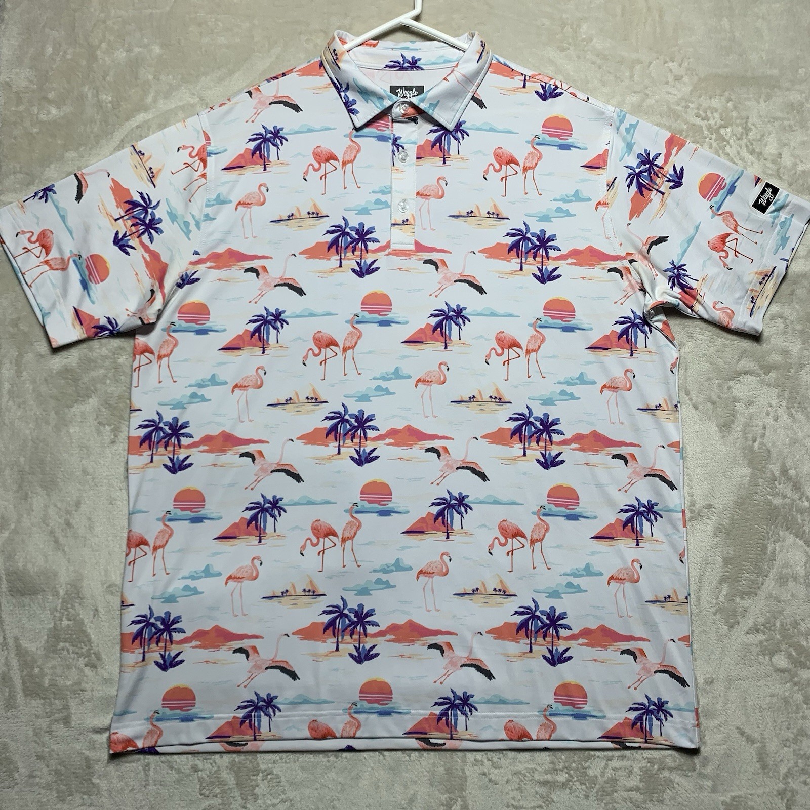 Waggle Golf Polo Mens XXL Flamingo Tropical Beach Performance Stretch Shirt