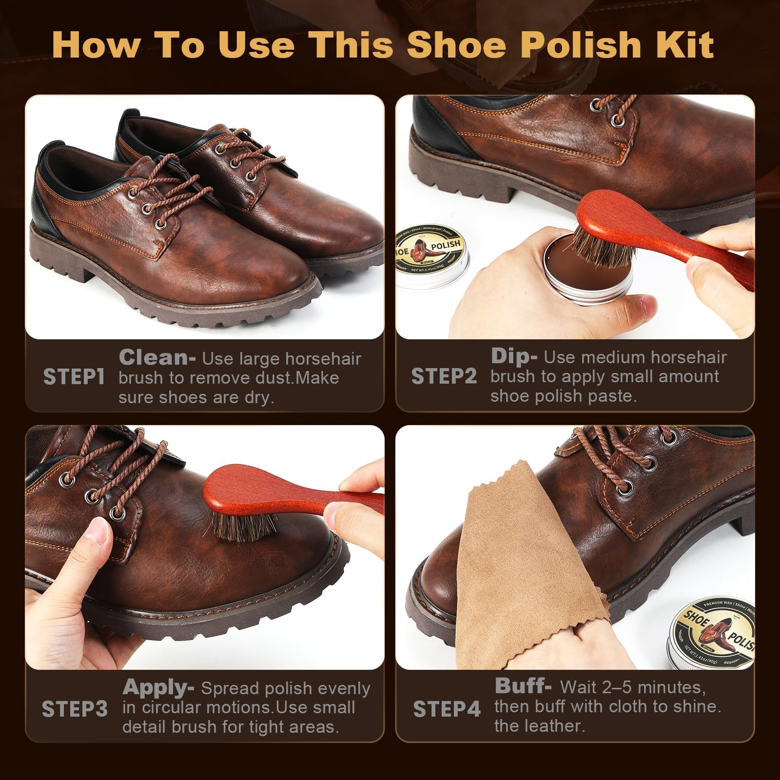 16-in-1 Shoe Polish Kit, Leather Shine Care Cleaning 3.5 Fluid Ounces, Black