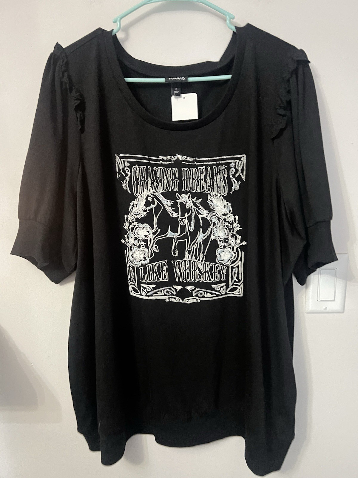 Torrid 3 Plus Womens Chasing Dreams Like Whiskey Ruffle Sequin Sweatshirt