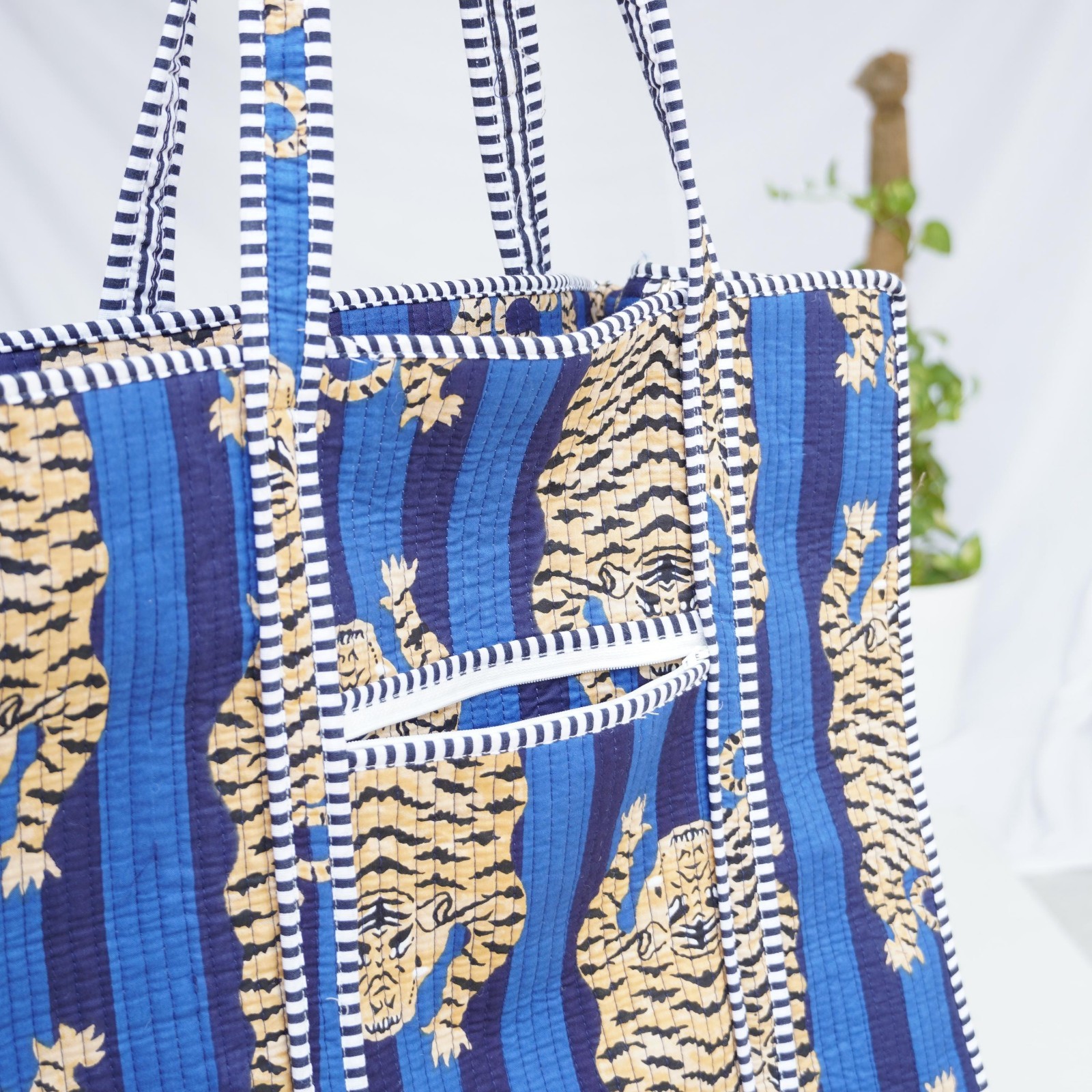 Handmade Cotton Tote Bag Blue Tiger Print Quilted Indian Travel Shopper Bag