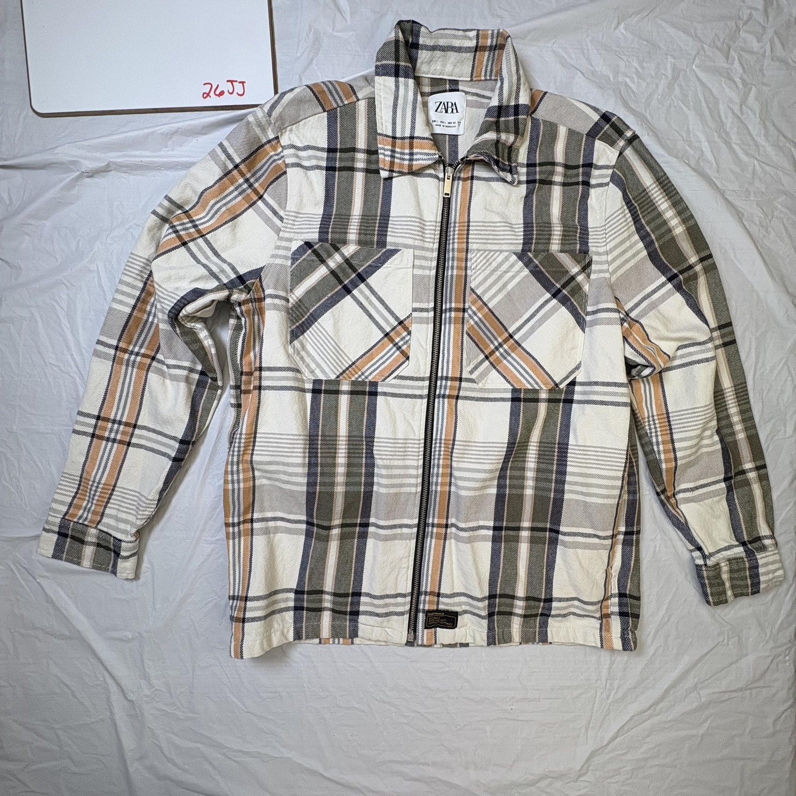 Zara Mens Jacket, plaid zipper size Large white/orange/gray/blue/green blouson