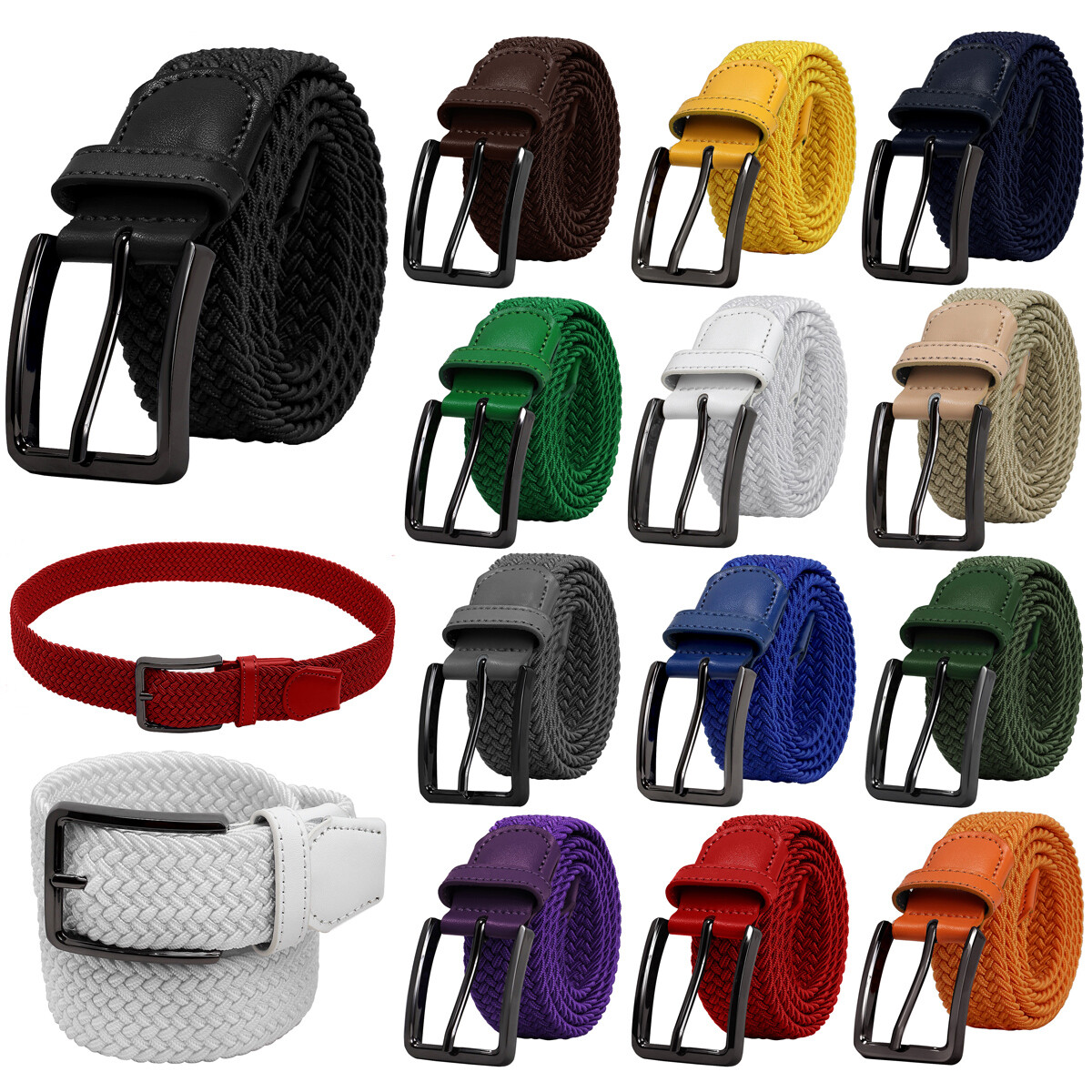 Falari Black Buckle Elastic Braided Stretch Belt Mens Golf Casual Jeans Belts