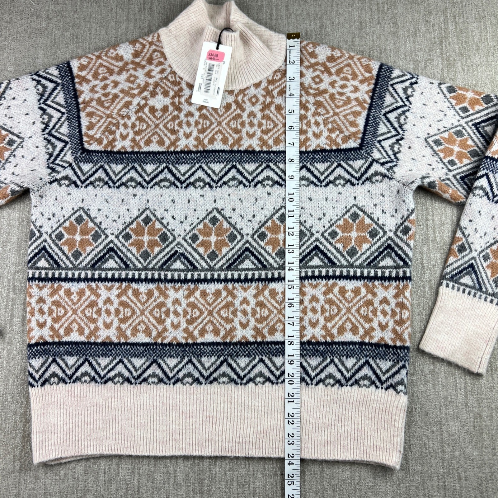 a loves a Fair Isle Sweater Women Large Cream Tan Navy Mock Neck Pullover Nordic