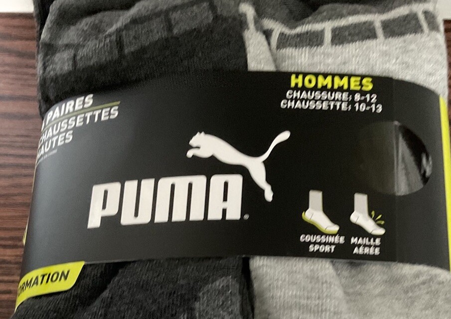 Men PUMA Cushioned Crew Mesh Vent. Socks 6 Pairs Size 8-12 Assorted w Logo New