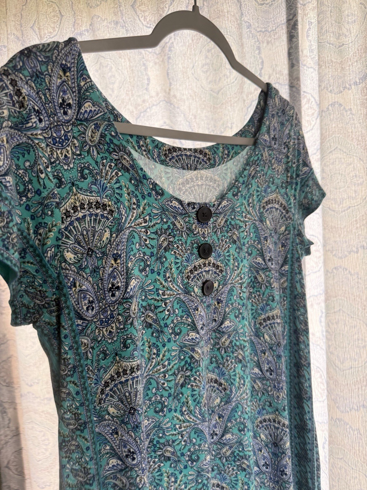 J. Jill Women’s Teal Paisley Shift Maxi Dress Scoop Neck Cap Sleeve S Petite