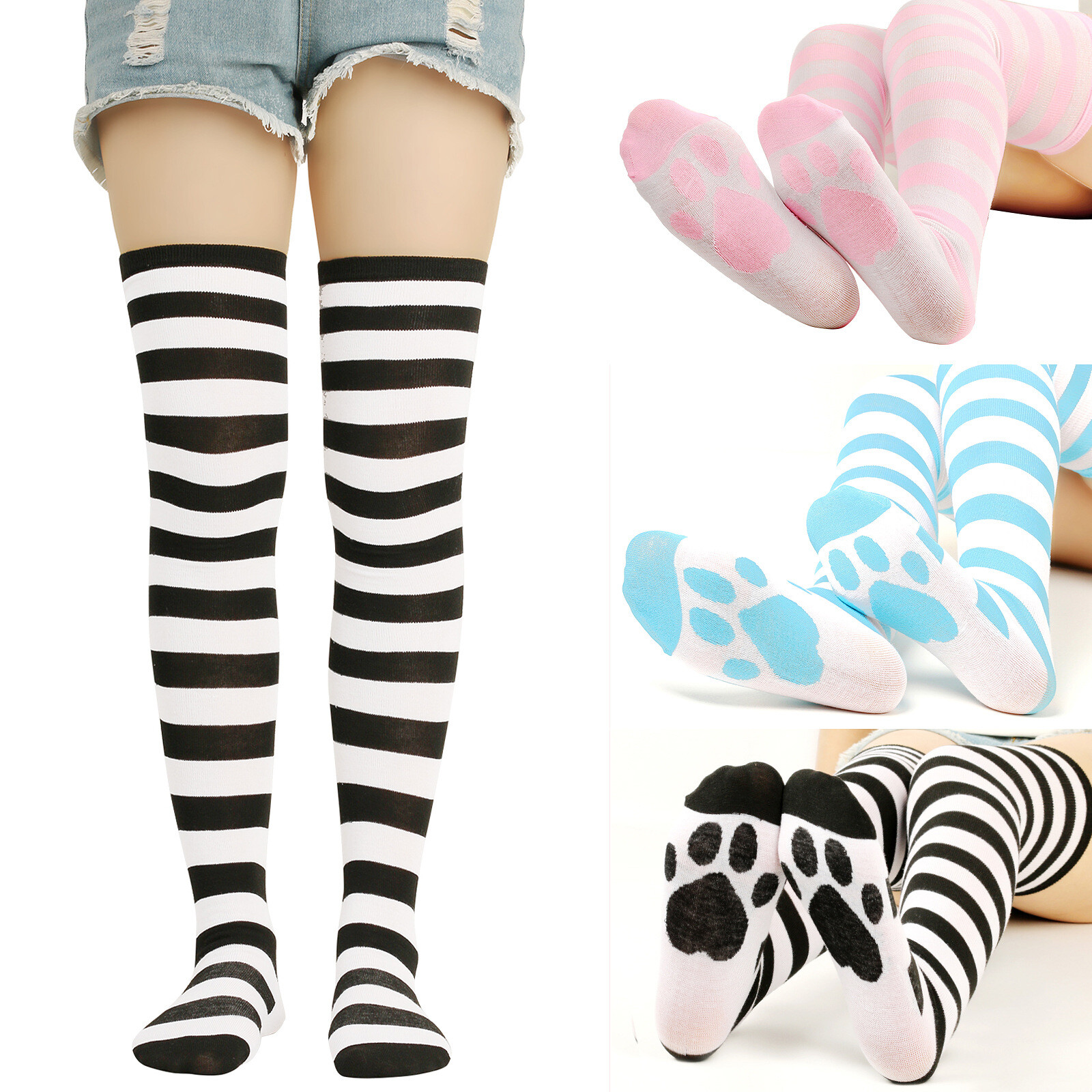 Women Stockings Over Knee Socks Cat Claw Cotton Socks Striped High Tube Socks