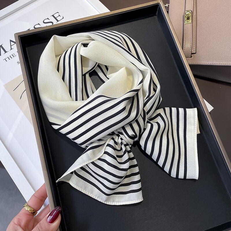 100% Silk Twill Scarf Women 12 Momme Kerchief Long Bandana Double Side Striped