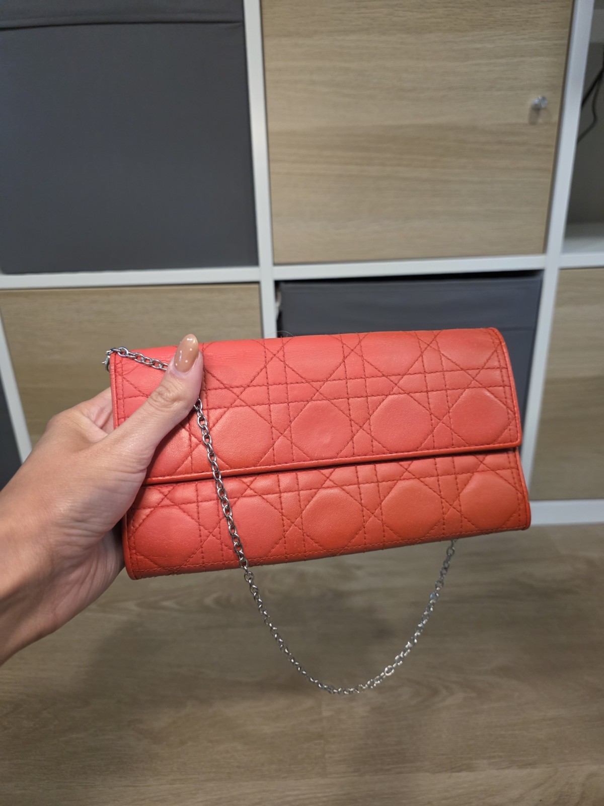 Christian Dior Orange Quilted Clutch, Credit Card Walet On Chain WOC Orange