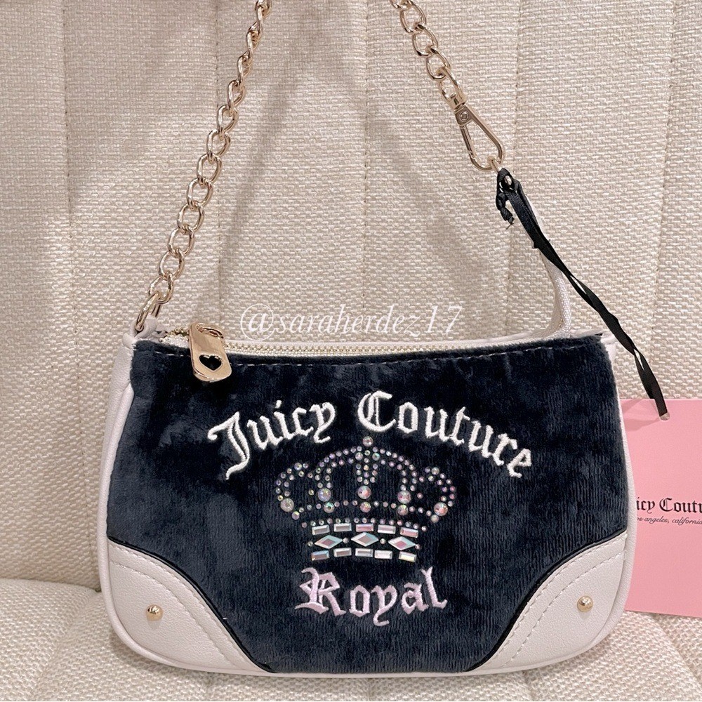 Juicy Couture Royal Velour Baguette Wristlet Bag Black Rhinestone Crown Y2K