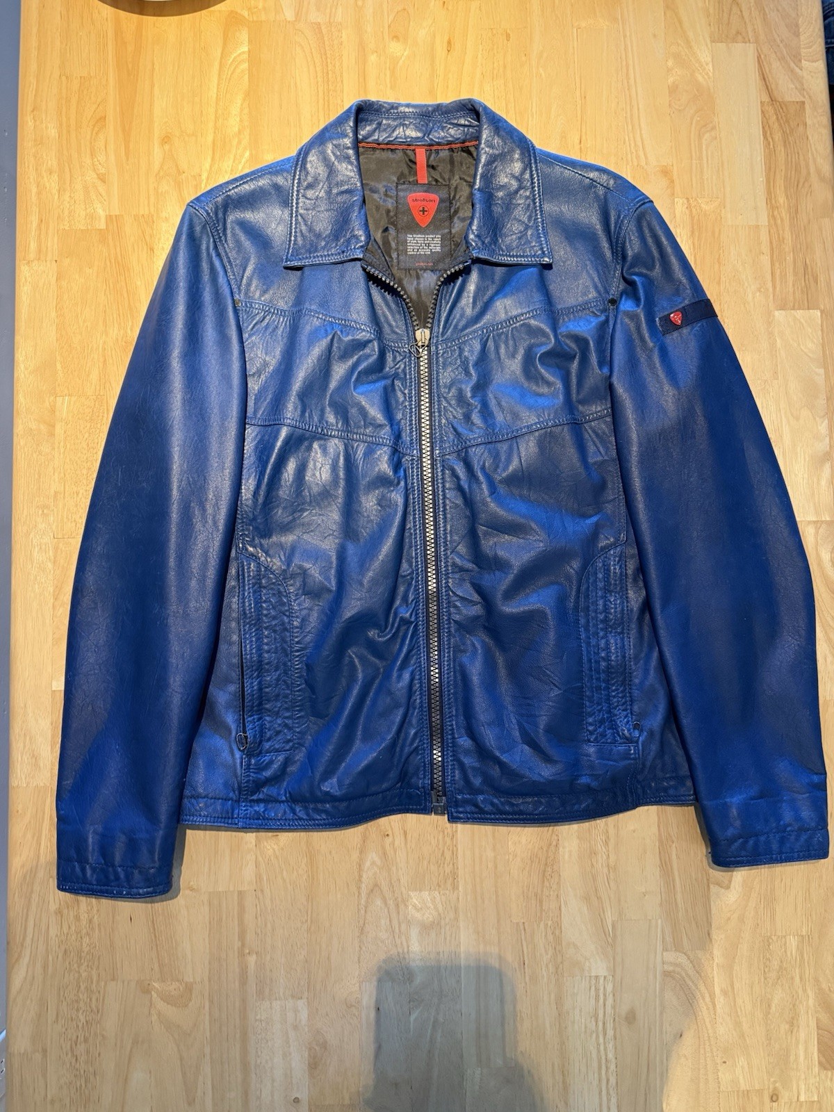 Blue Leather Jacket Strellson Racer Jacket XL Swiss Designer Lined Zip Up