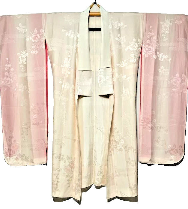 Vintage Japan Silk Nagajuban Kimono Robe Pink Furisode Long Sleeve Yuki 27in Fed