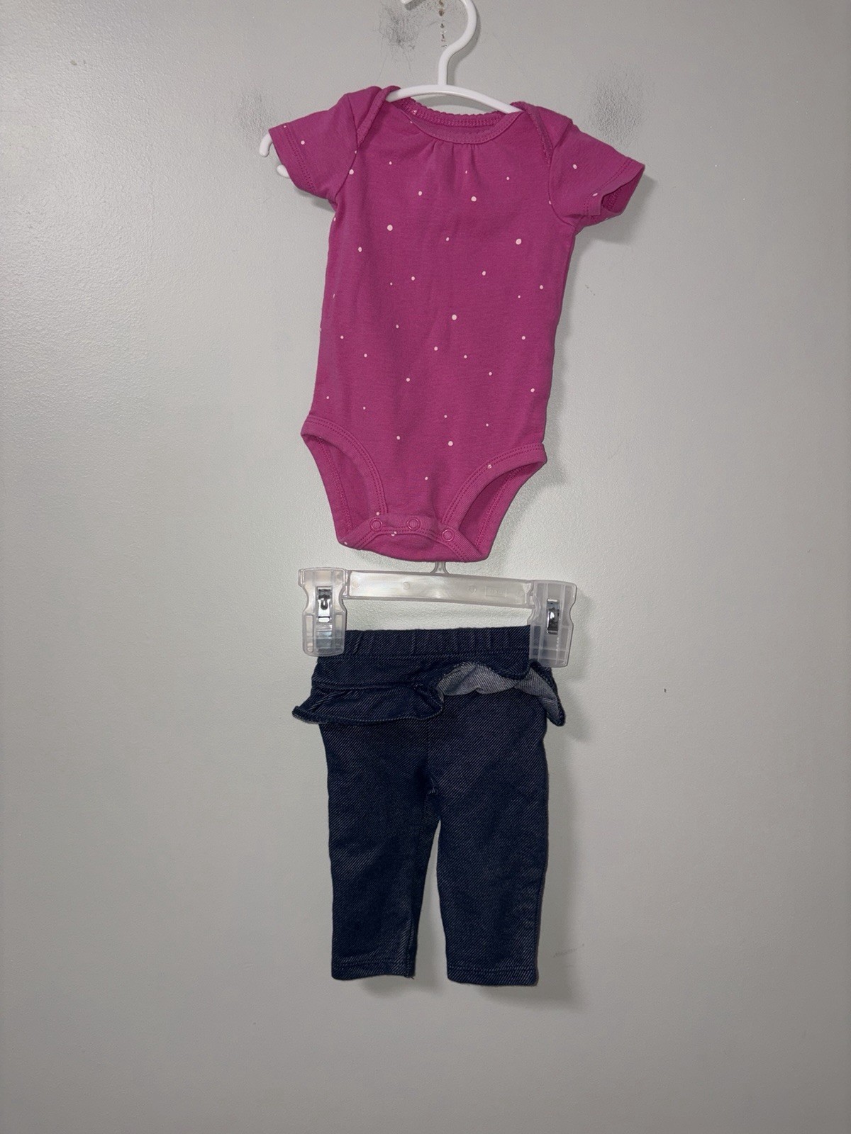 Carters Pink White Polka Dot Body Suit Garanimals Navy Ruffle Pants 0-3M