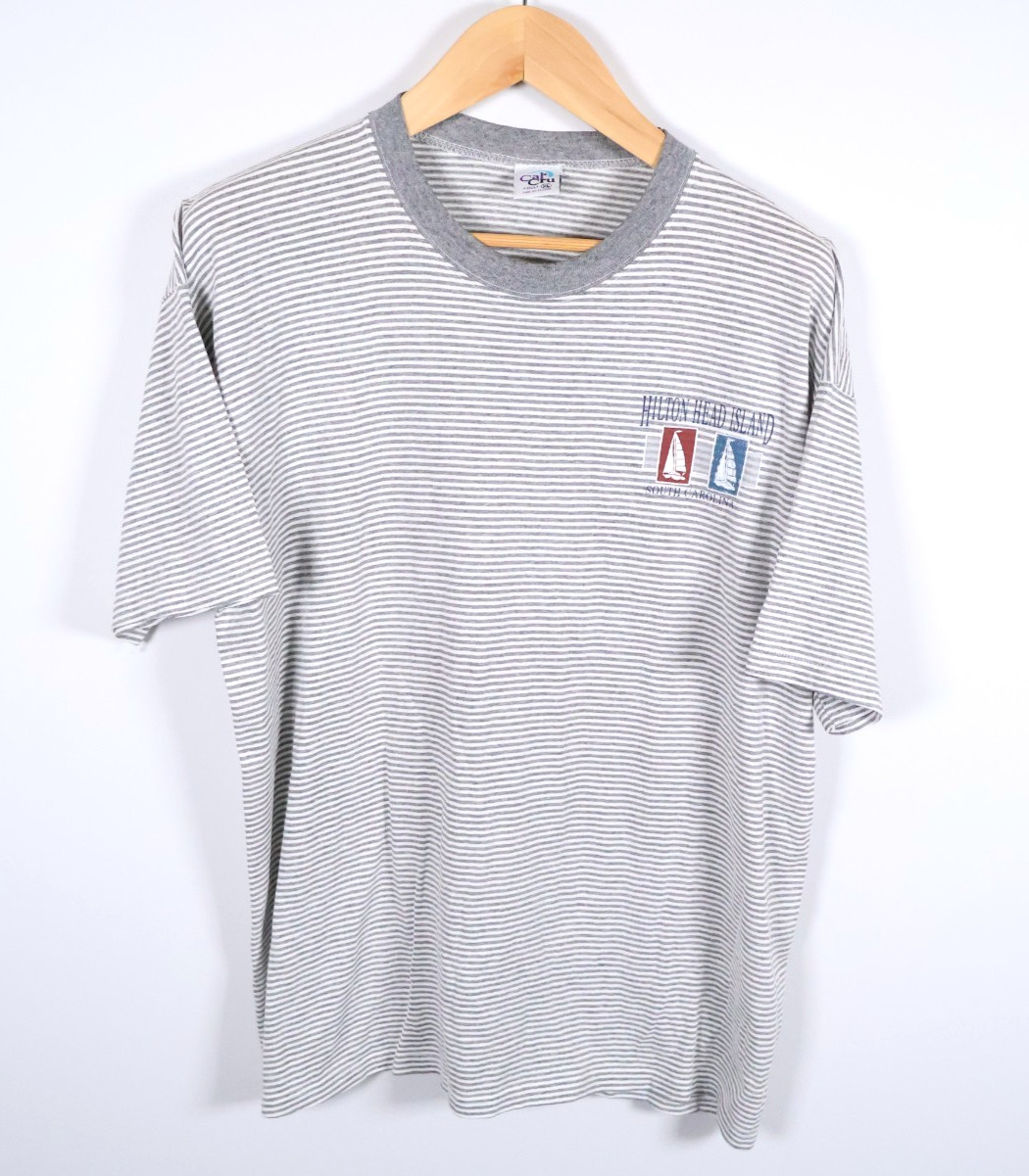 90s Ringer T-Shirt Men’s XL Gray Striped Single Stitch Hilton Head Island Surf