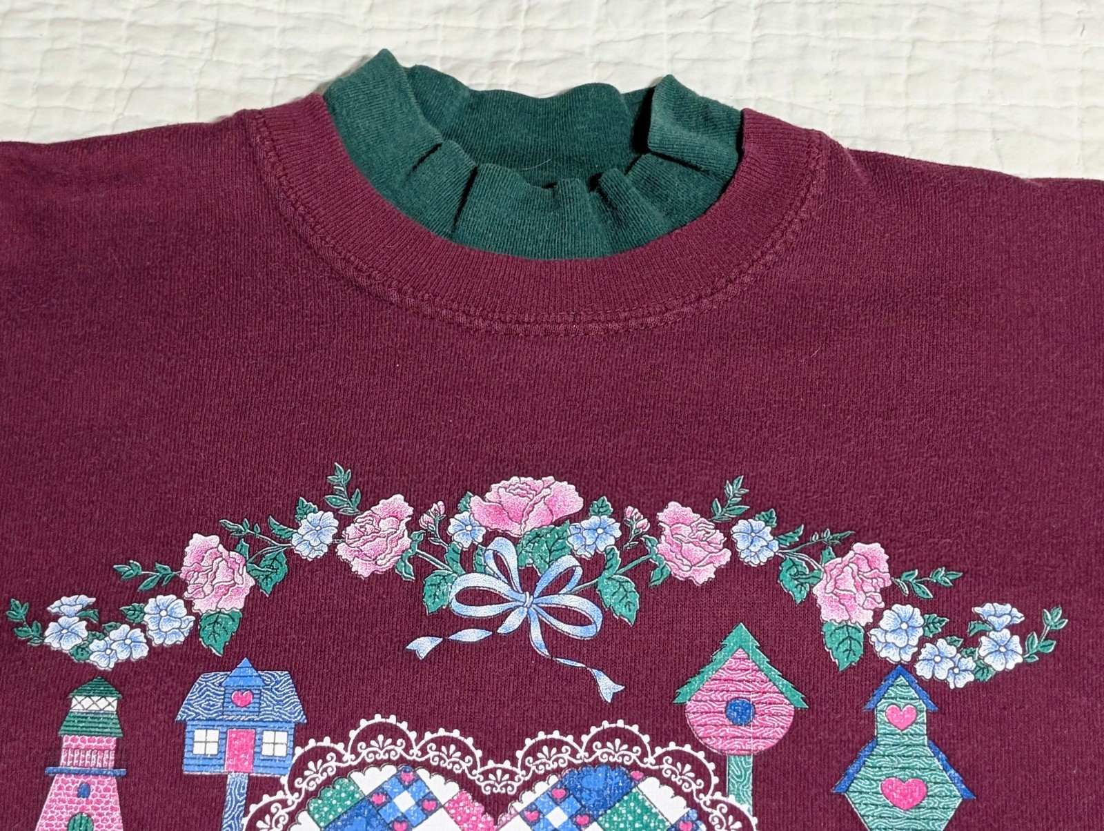 Vintage Sweatshirt Endless Designs Sz Large Quilt Heart Love Bird House Plum