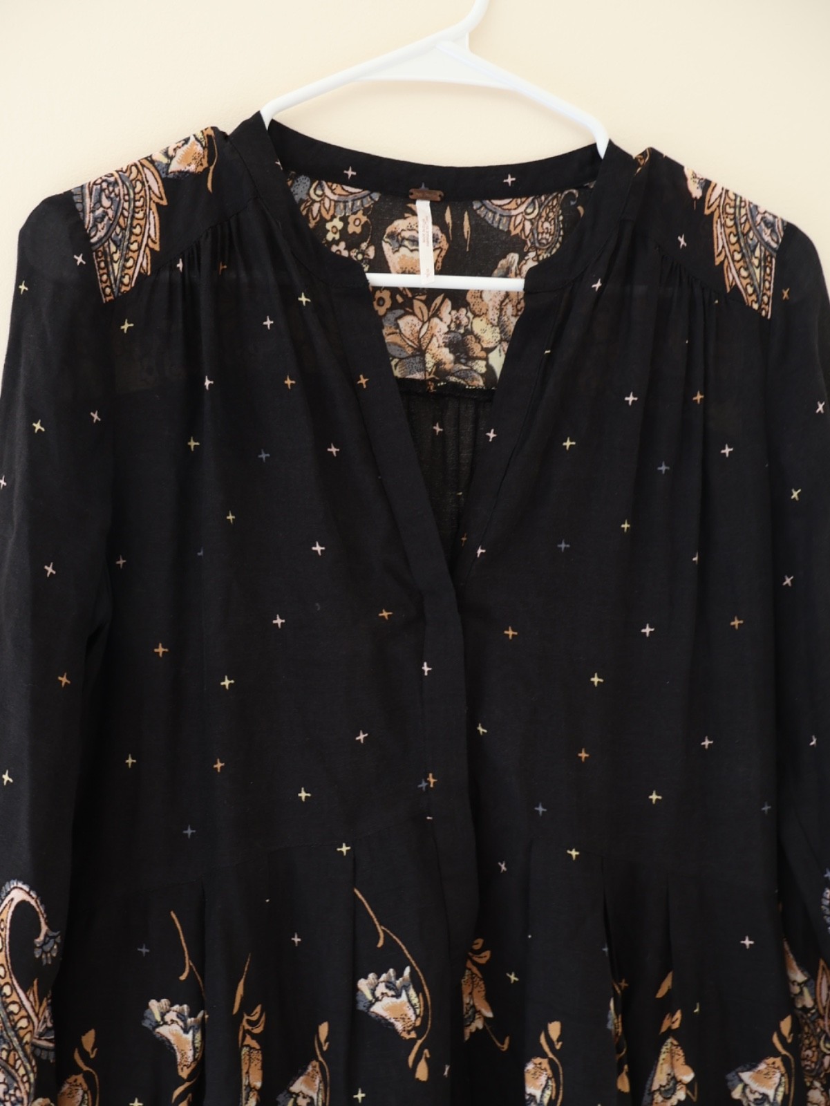 Free People Sierra Valley Black Floral Paisley Celestial Tunic Dress Size S Boho