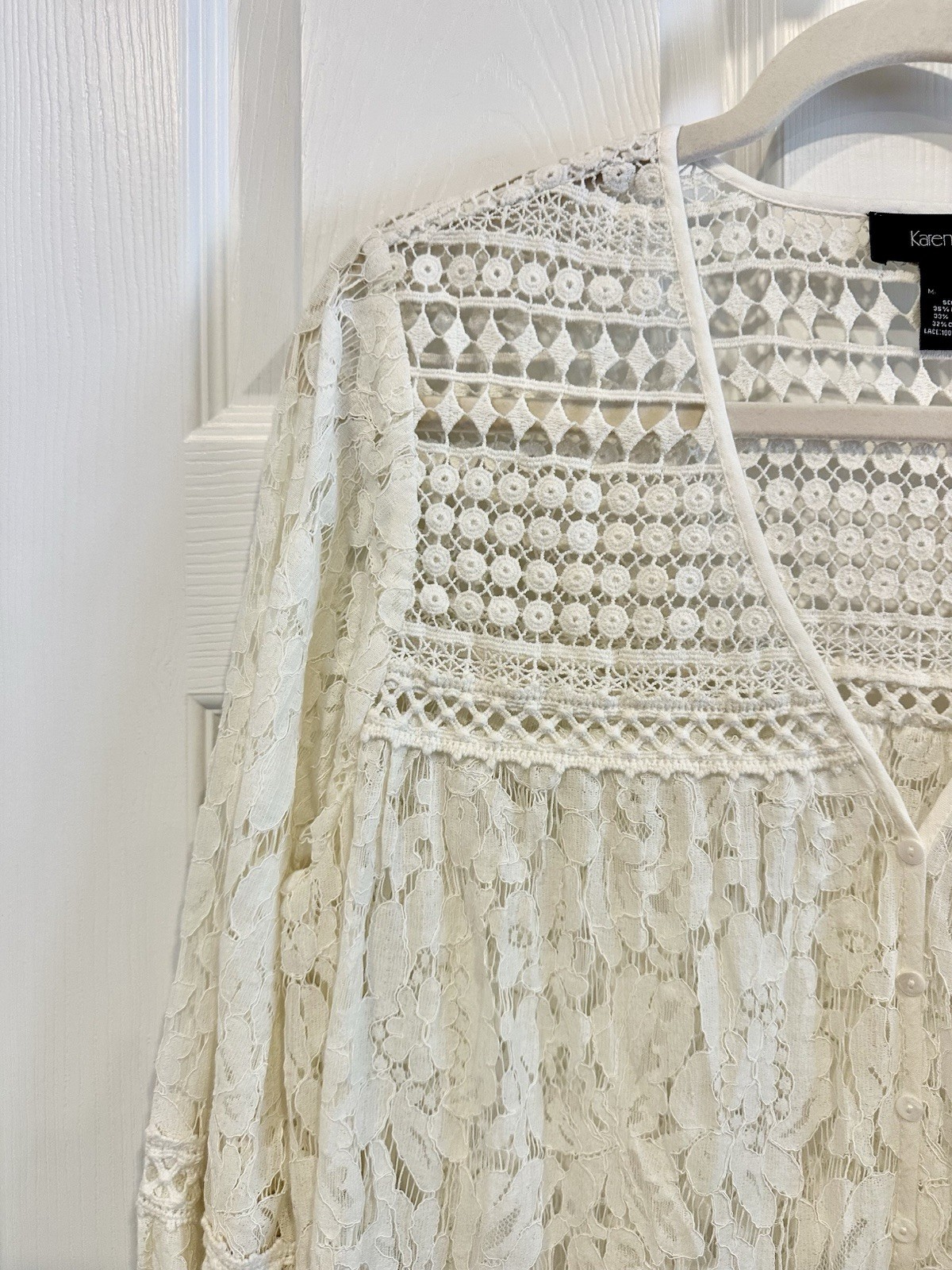 KAREN KANE Seascape Multi-lace Sheer Top Ivory Color Vneck Buttons Sz L $118 NWT