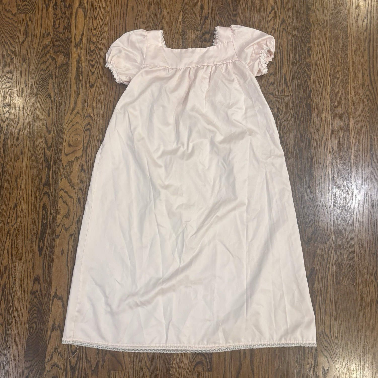Christian Dior Pink Nylon Lace Trim Bow Square Neck Puff Sleeve Nightgown 10