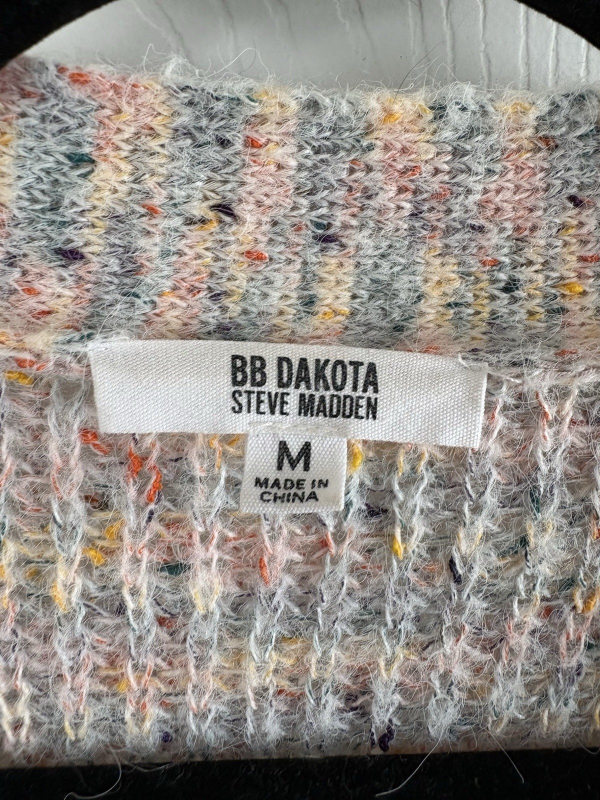 BB Dakota Ivory Pink Blue V-Neck Chunky Knit Ribbed Cardigan Academia Teacher M