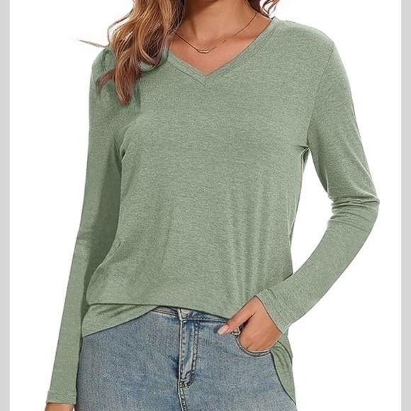 Heathered Sage Green V-Neck Long Sleeve Top High-Low Hem Soft Knit Shirt