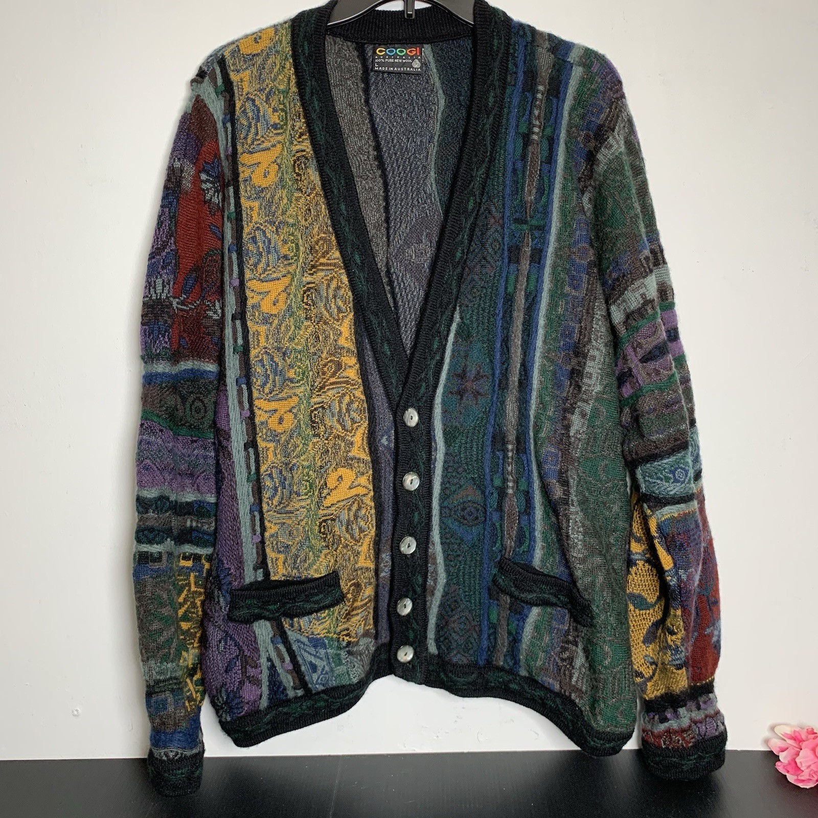 GOOGI – Men’s Pure New Wool Multicolor 3D Knitted Cardigan Sweater – Size: L
