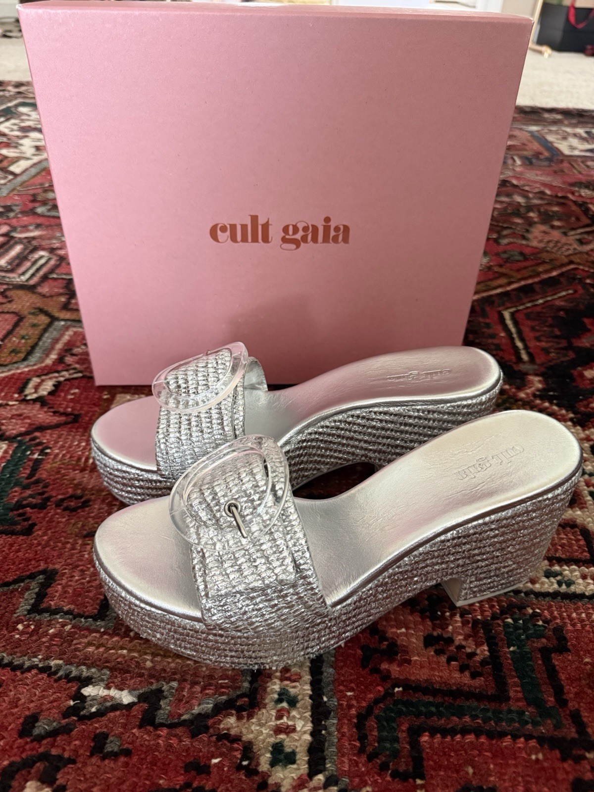 Cult Gaia Silver Slide Sandals Buckle Logo Glitter Accents Strappy Solid