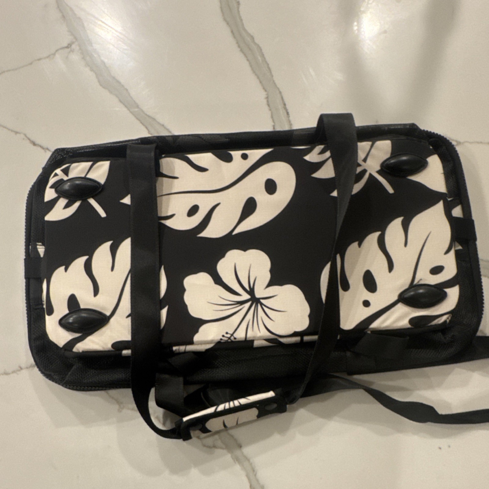 Aloha CleverMade Collapsible Beach Tote Black Beige Floral Zip Women