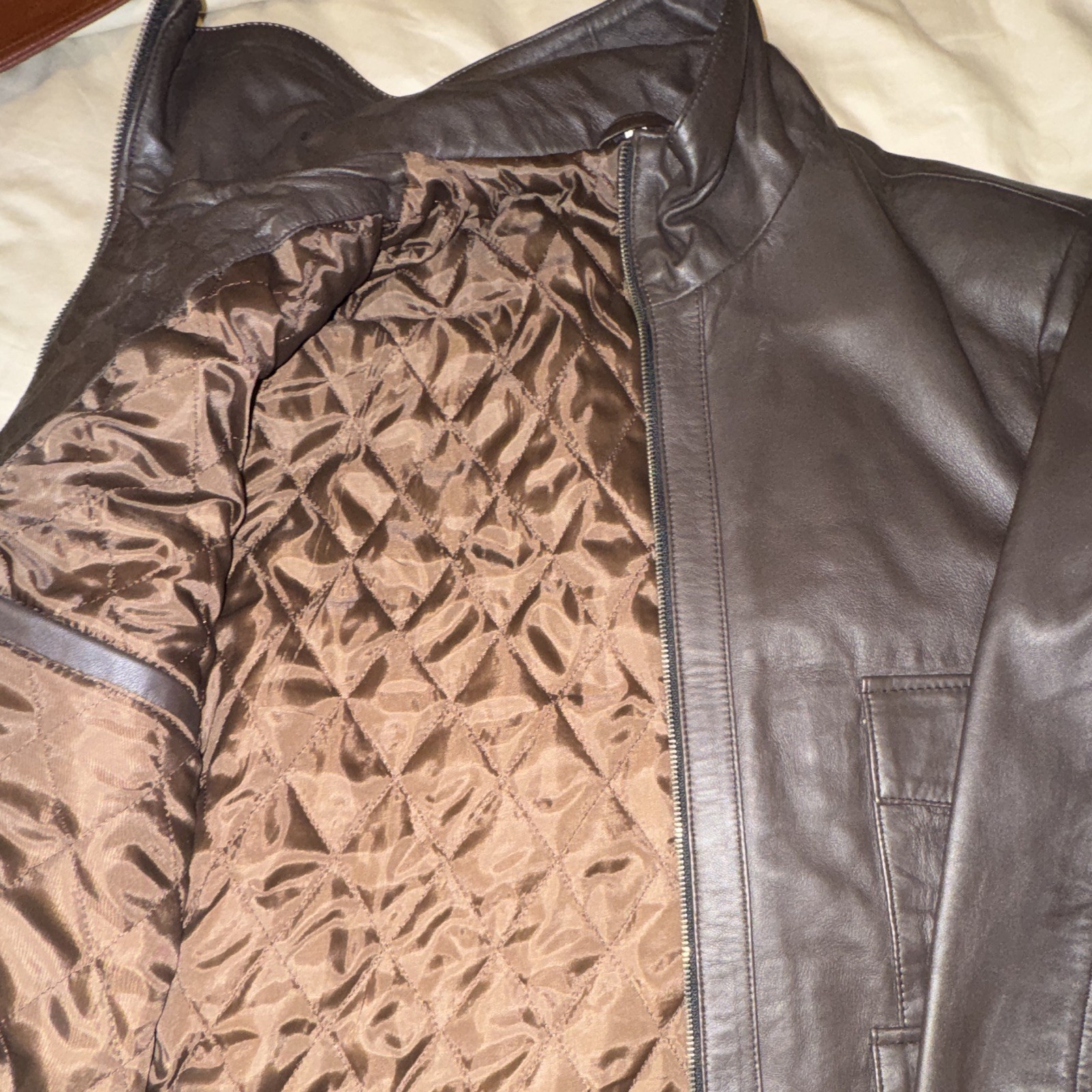 Men’s Brown Lined Premium Leather Jacket Full Zip & Button Band Collar Size