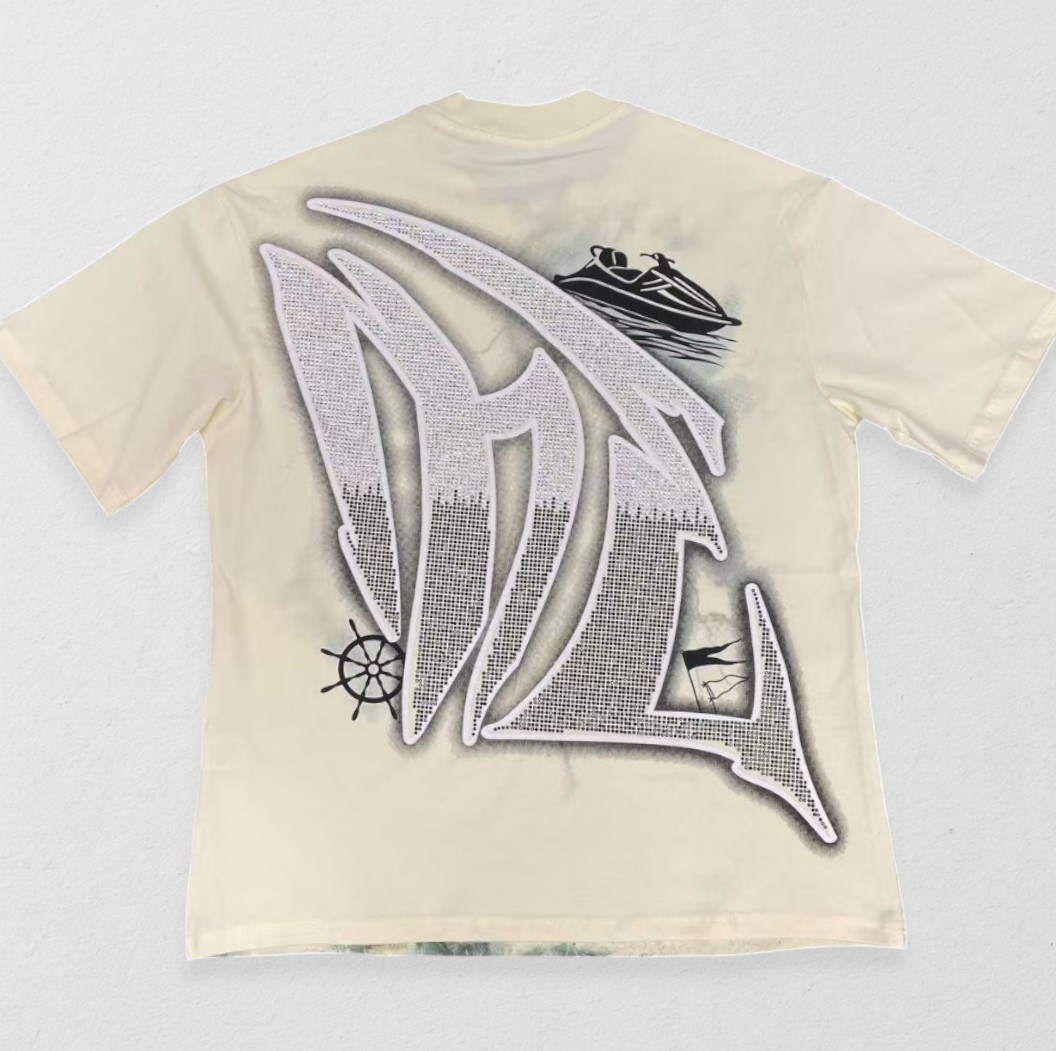 NEW Mixed Emotion Cream “Jetski” Rhinestone Tee Streetwear Graphic Cotton