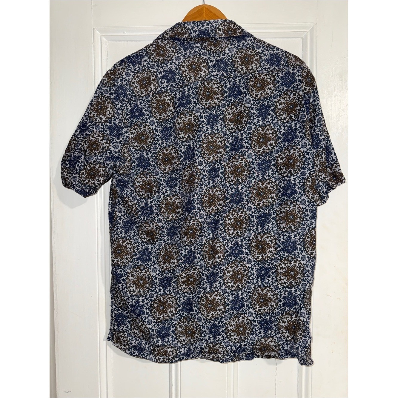 Tasso Elba Men’s 100% Linen Short Sleeve Button Down Shirt Blue Brown Paisley L