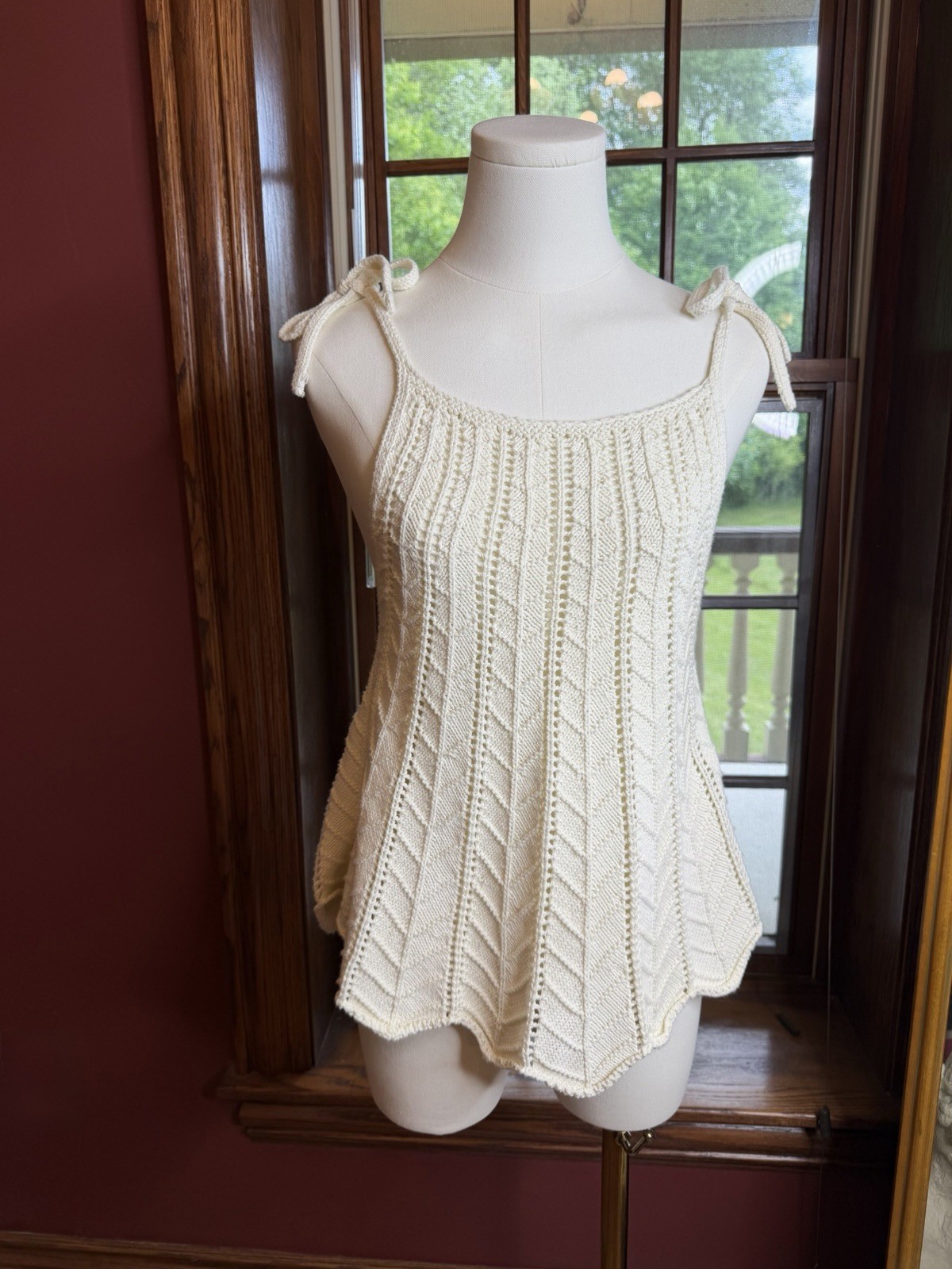 100% Cotton Altar’d State Cream Solid Knit Bow Strap Tank Top Lightweight M