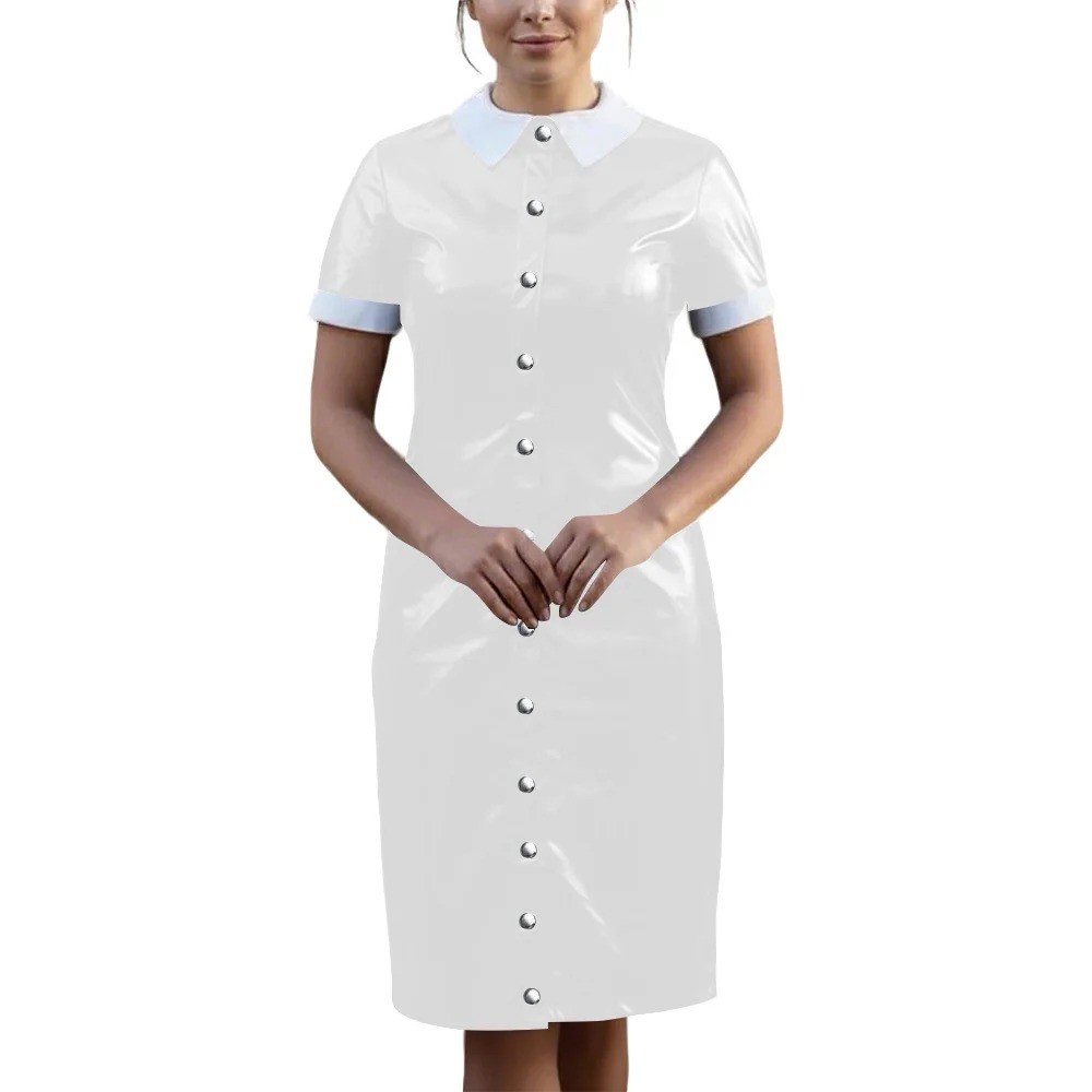 Vintage Wetlook PVC Leather Party Uniform Club Vestidos Bodycon Midi Dress