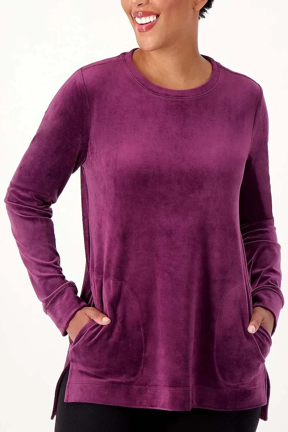 Denim & Co. Printed Velour Pullover with Hi-Low Hem Deep Wine Size XXS