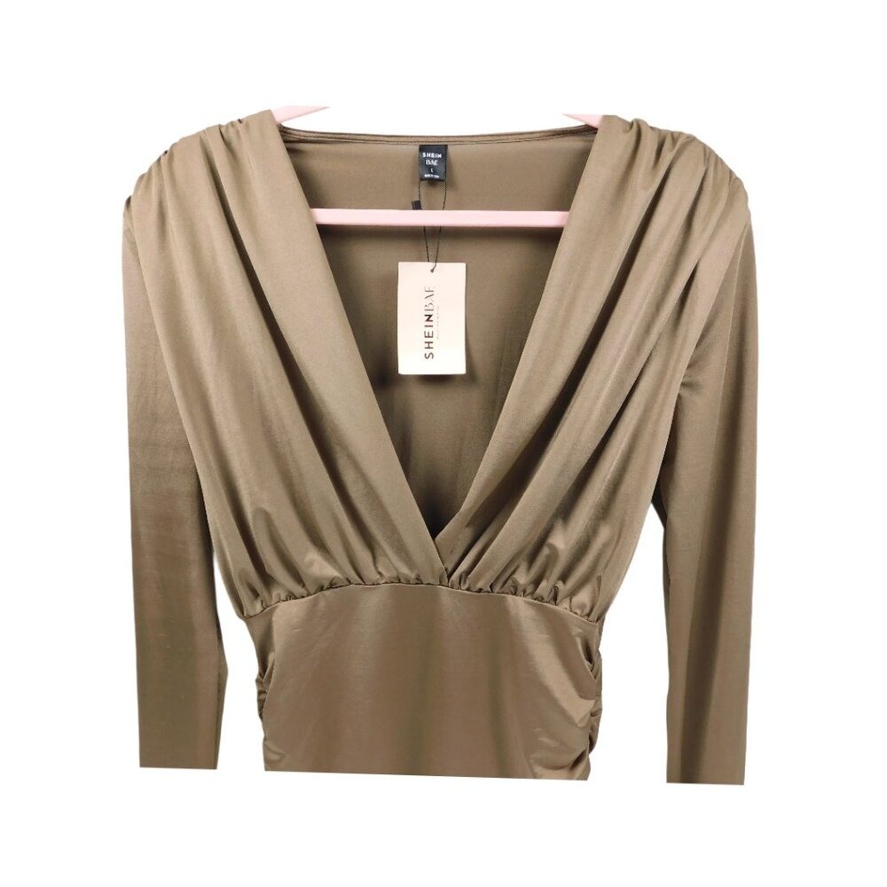 SHEIN BAE Long Sleeve Ruched Deep V Midi Dress – Size L – Tan/Khaki