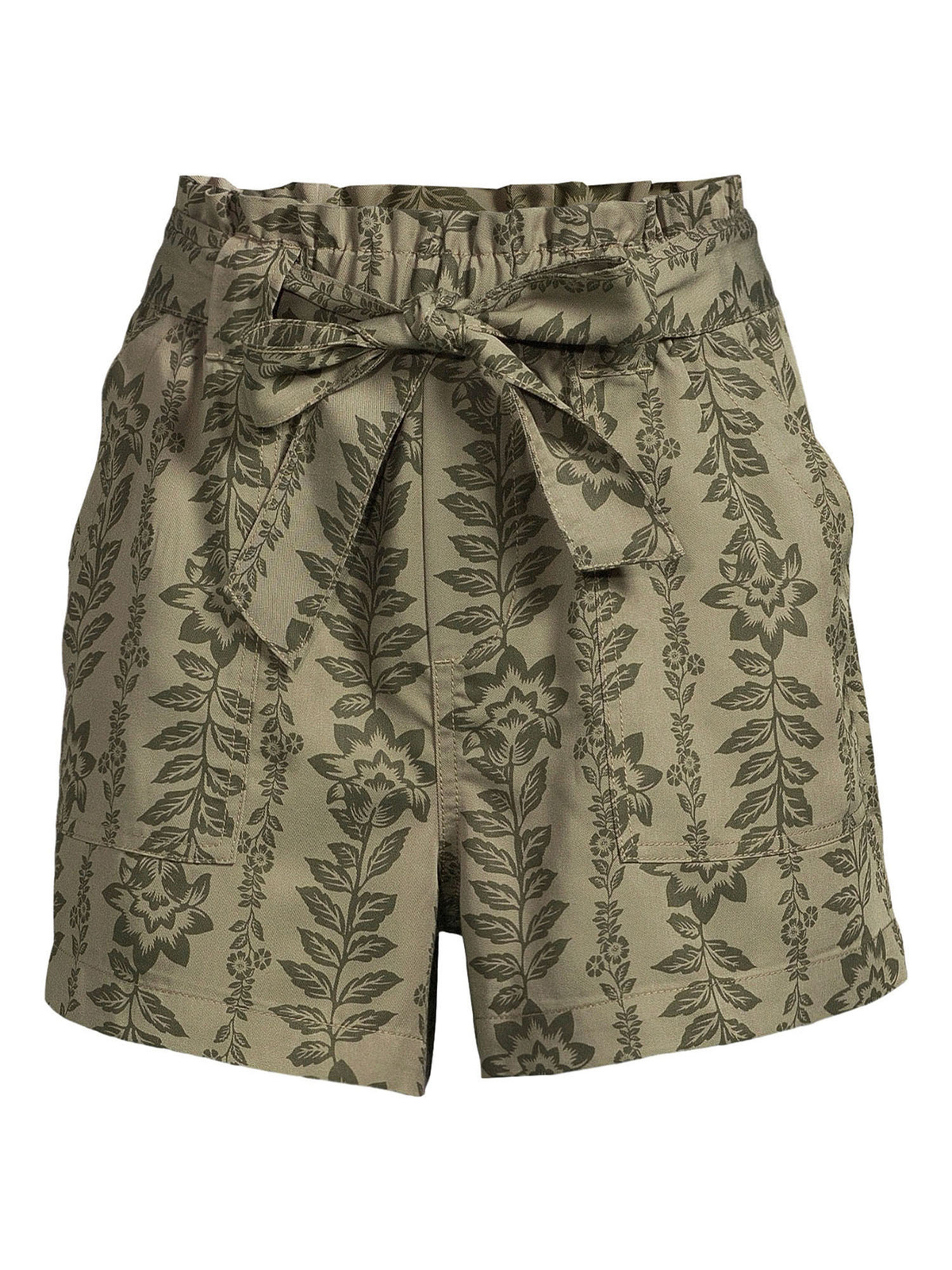 Paperbag Waist Short Green Floral Sz M 8-10 High Rise Pull On Belt Pocket Tencel