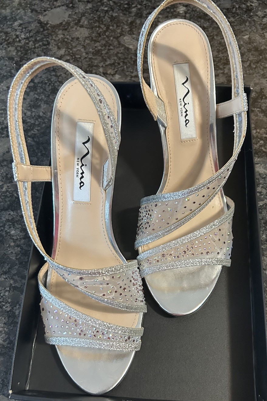 Nina Valeda YM Silver Iridescent Sparkle Slingback Open Toe Women’s 8M
